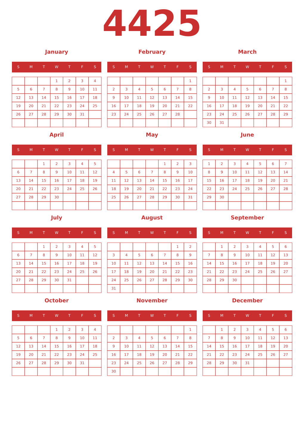 Printable 4425 Year Calendars red