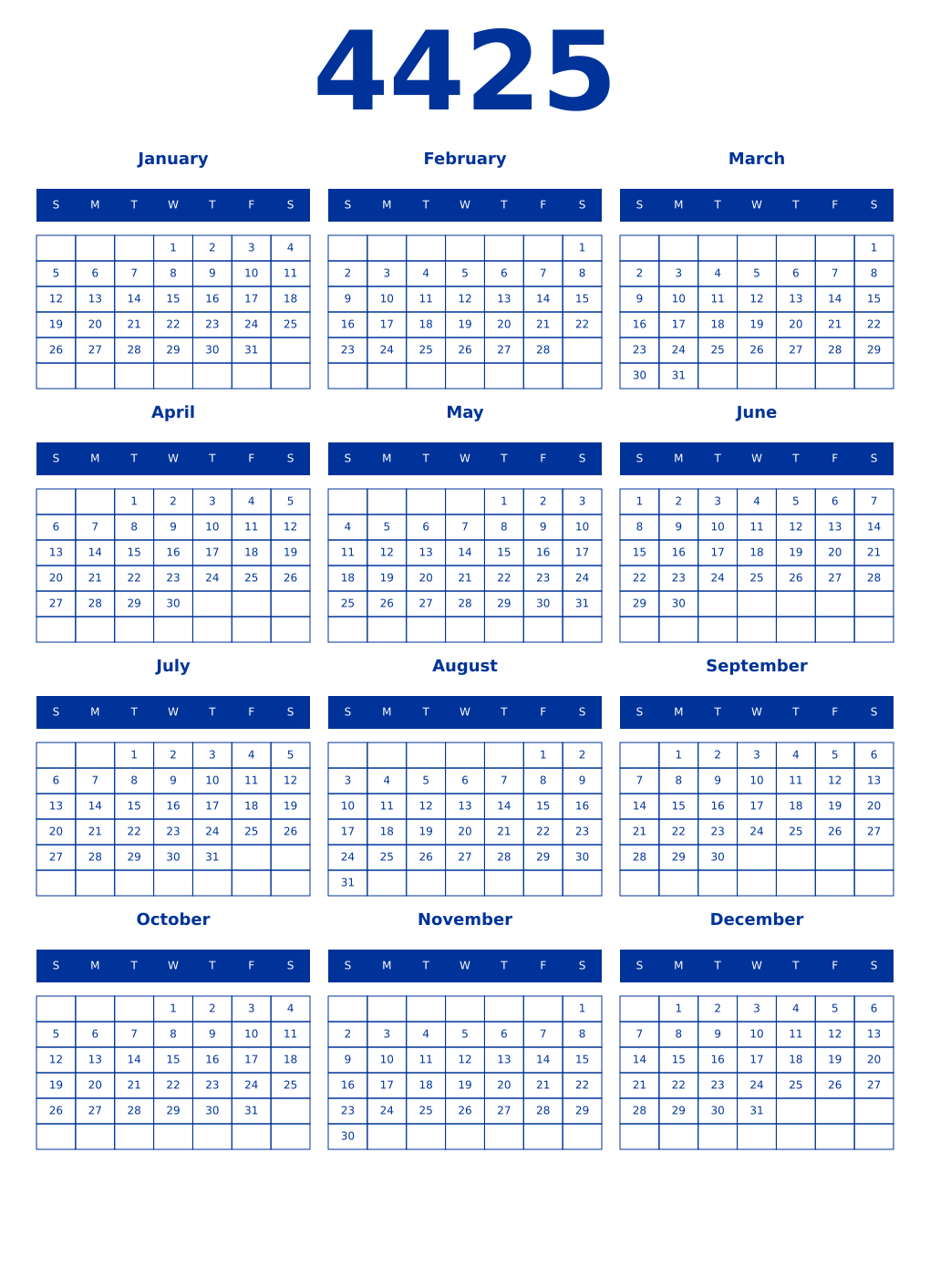 Printable 4425 Year Calendars smalt