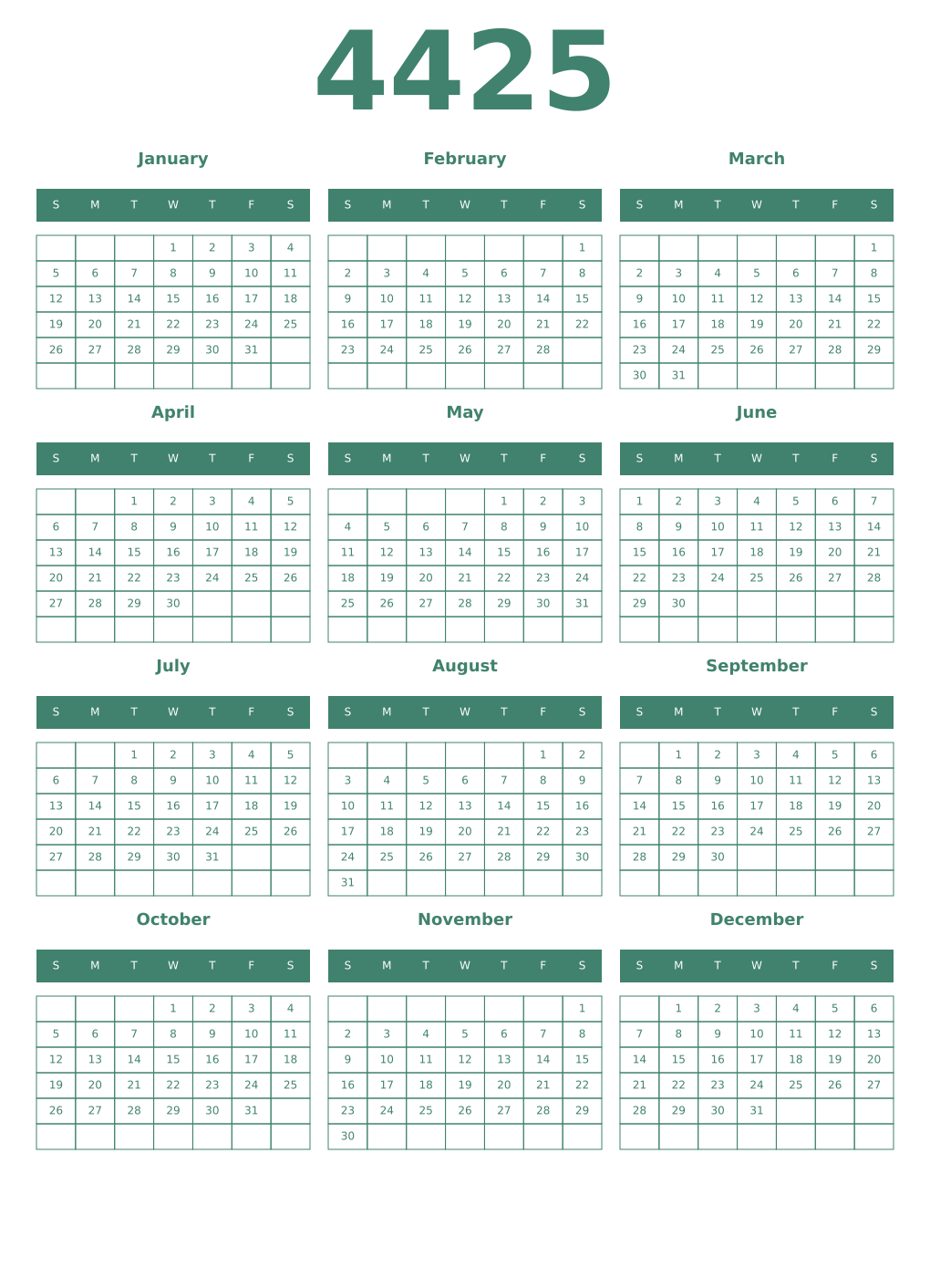 Printable 4425 Year Calendars viridian