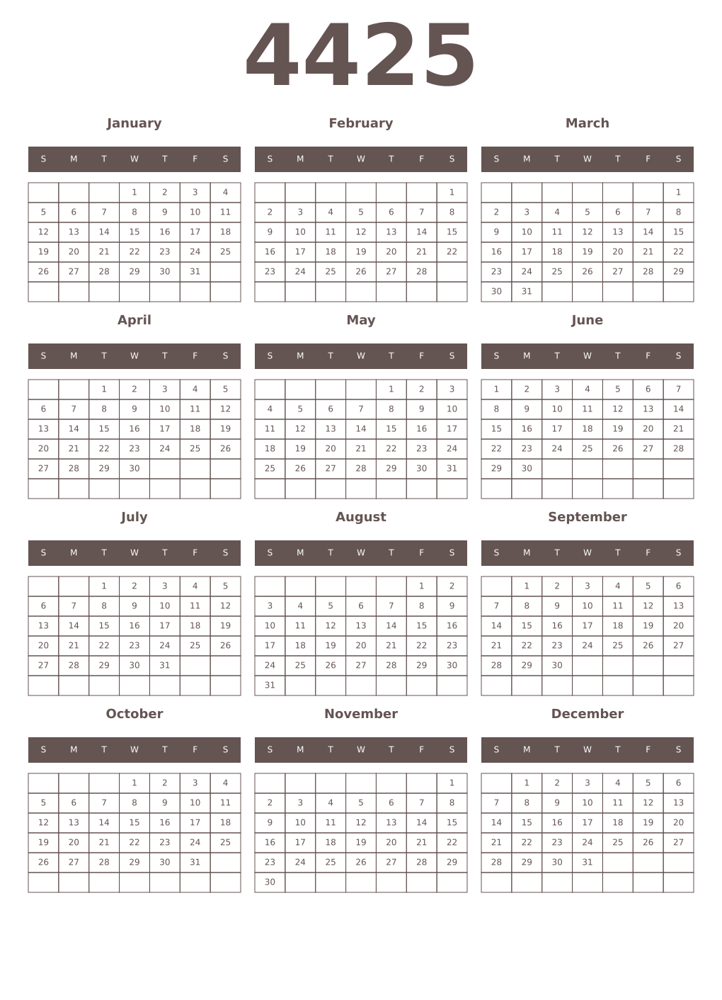Printable 4425 Year Calendars wenge