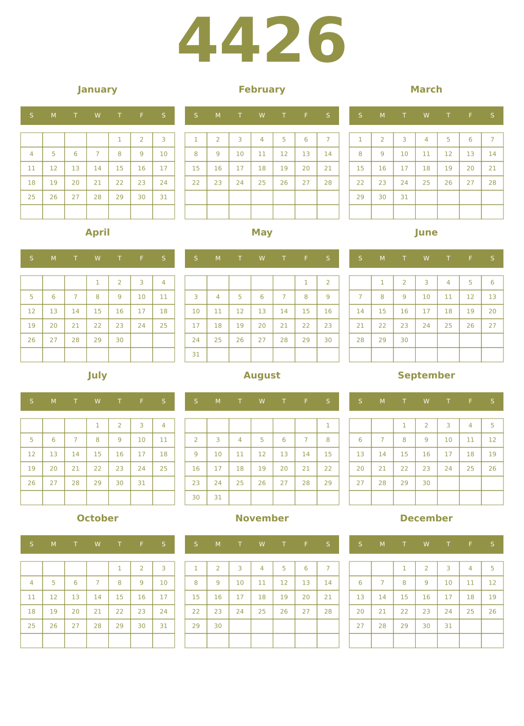 Printable 4426 Year Calendars eburnean