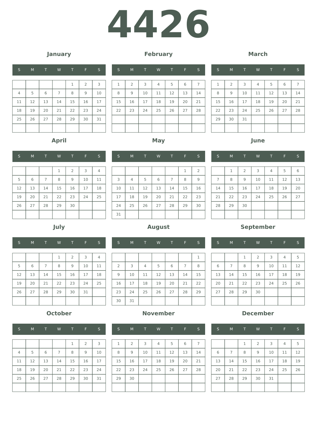 Printable 4426 Year Calendars feldgrau