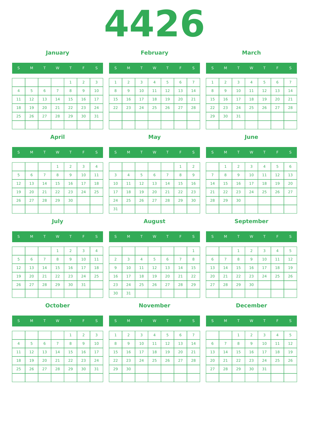 Printable 4426 Year Calendars green