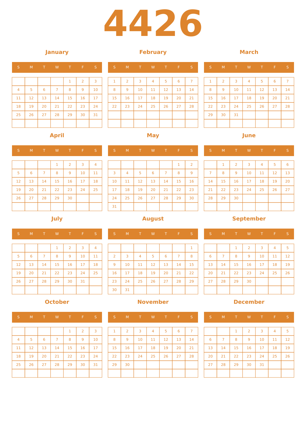 Printable 4426 Year Calendars orange