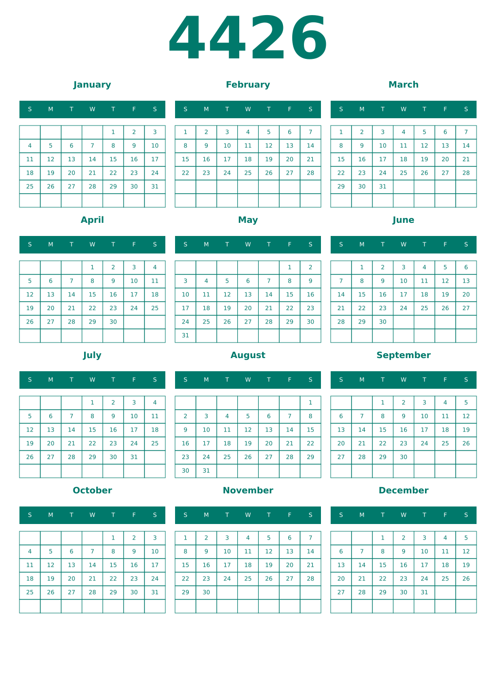 Printable 4426 Year Calendars pastel