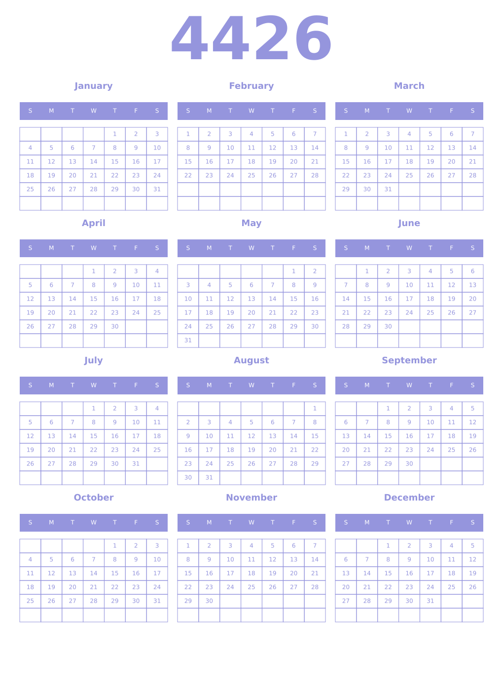 Printable 4426 Year Calendars periwinkle