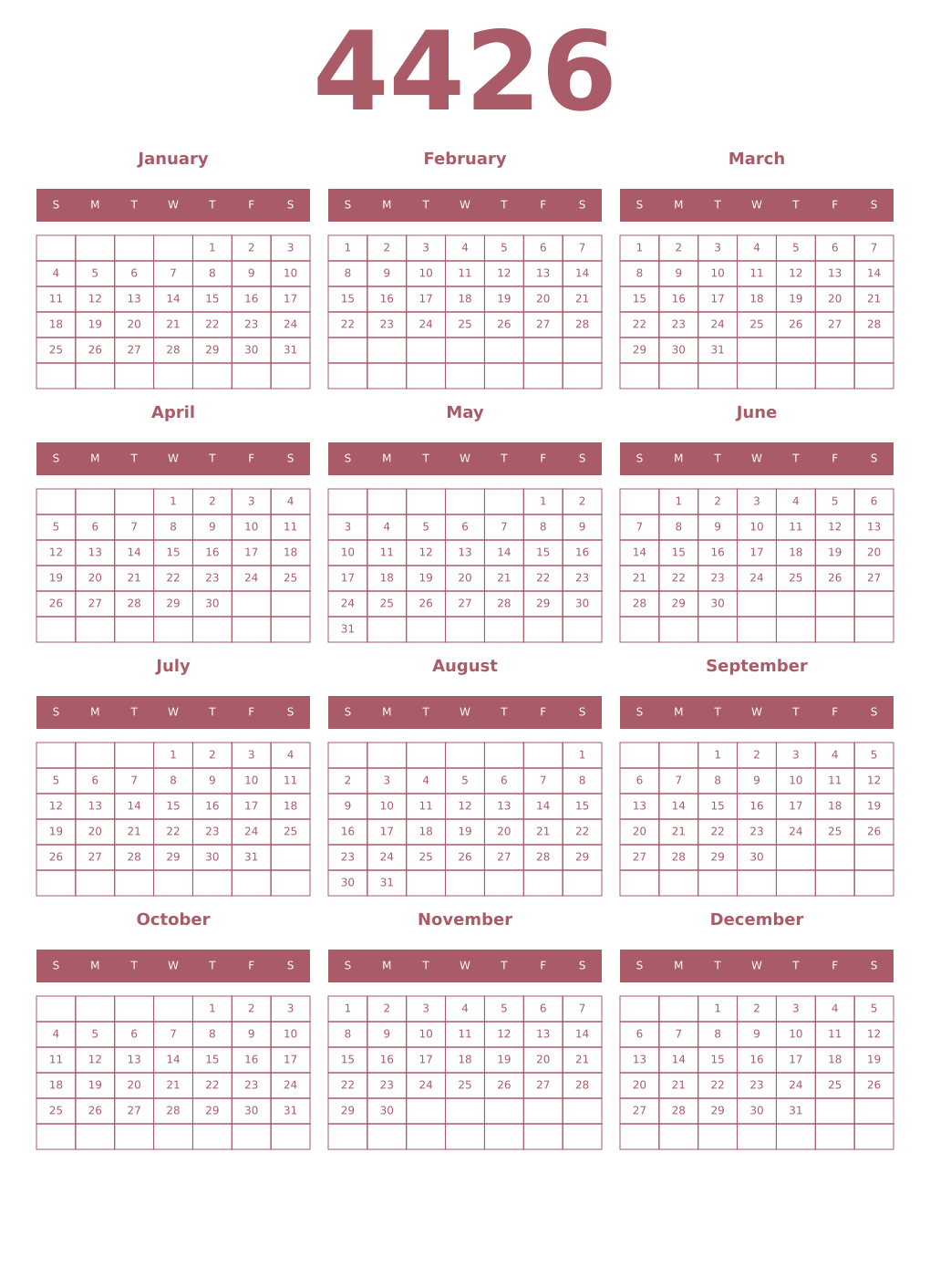 Printable 4426 Year Calendars puce