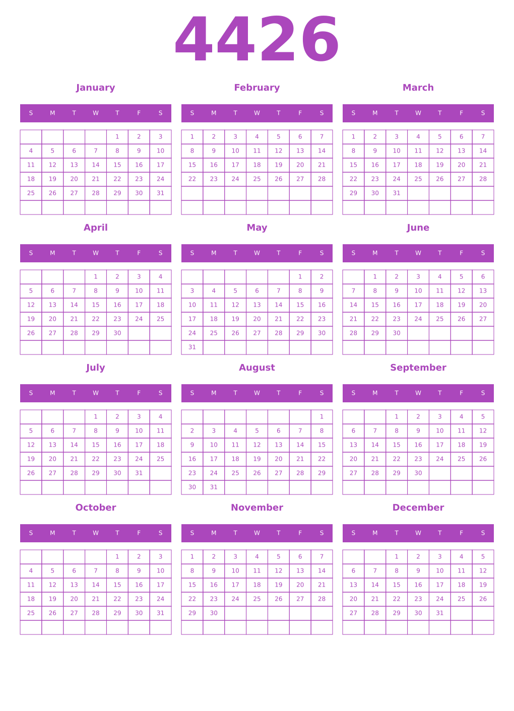 Printable 4426 Year Calendars purple