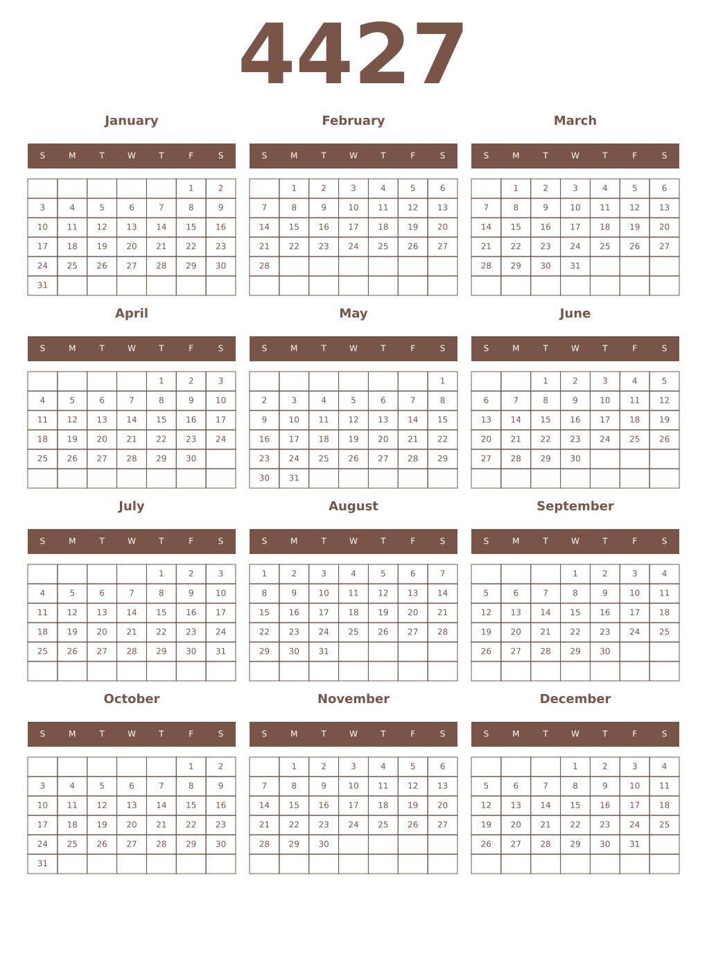 Printable 4427 Year Calendars coffe