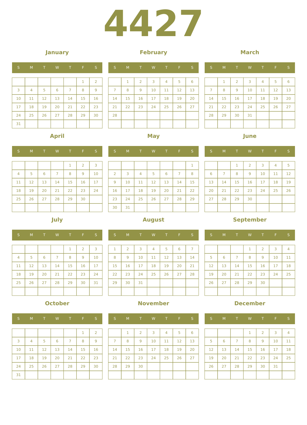 Printable 4427 Year Calendars eburnean