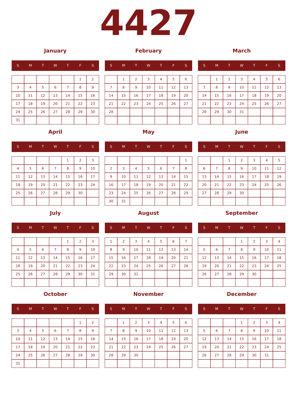 Printable 4427 Year Calendars falu