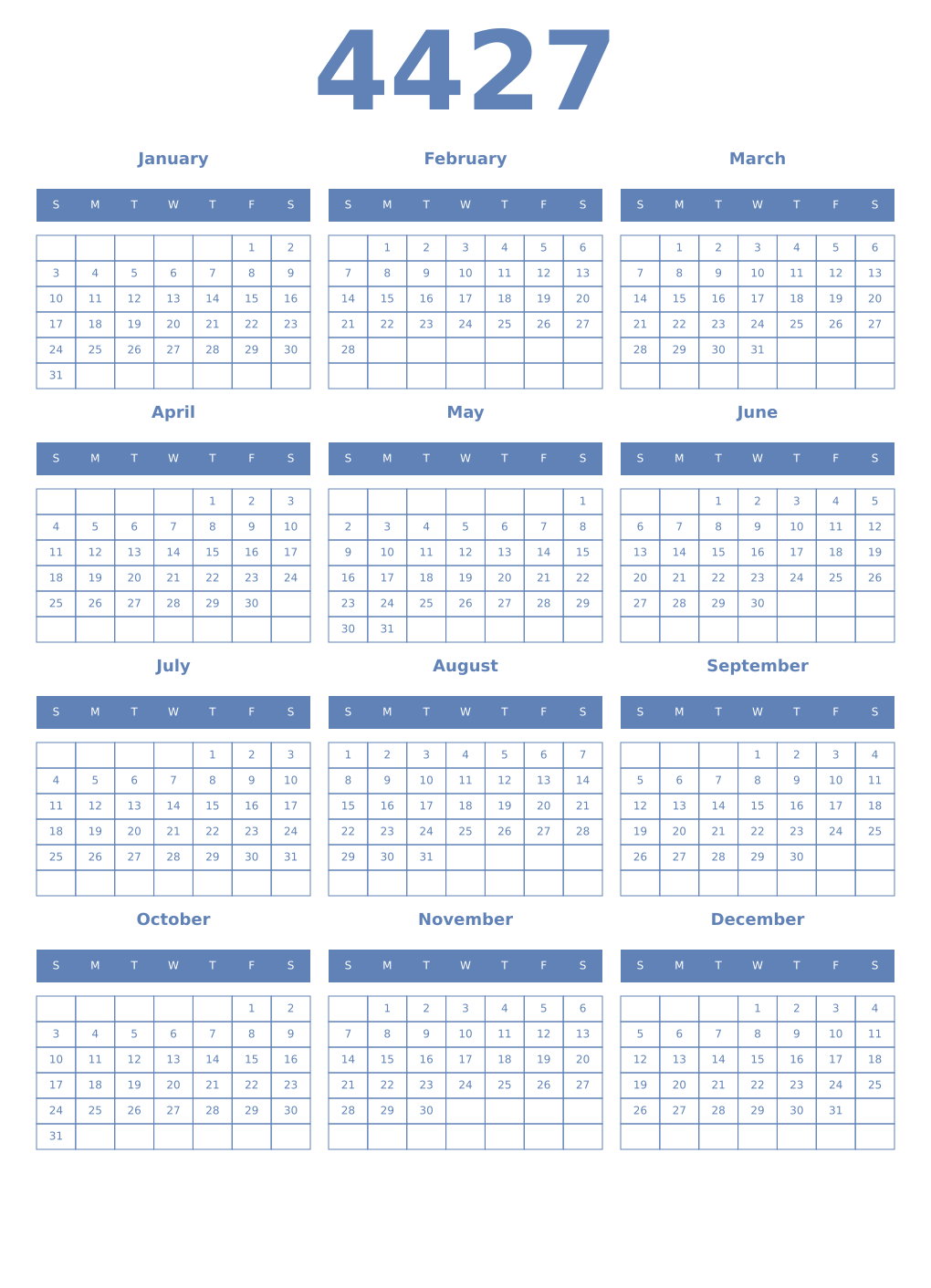 Printable 4427 Year Calendars glaucous