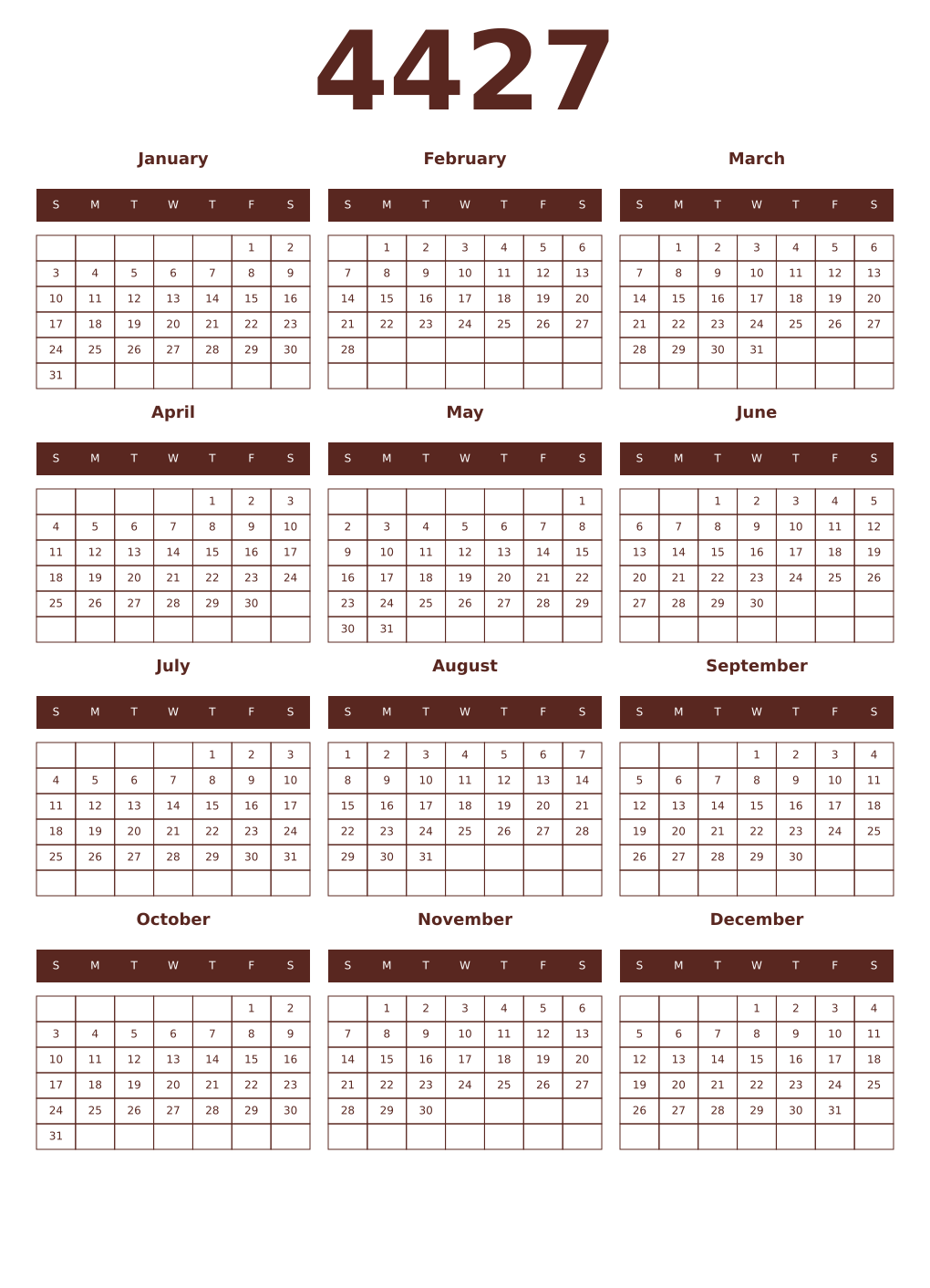 Printable 4427 Year Calendars mortuum