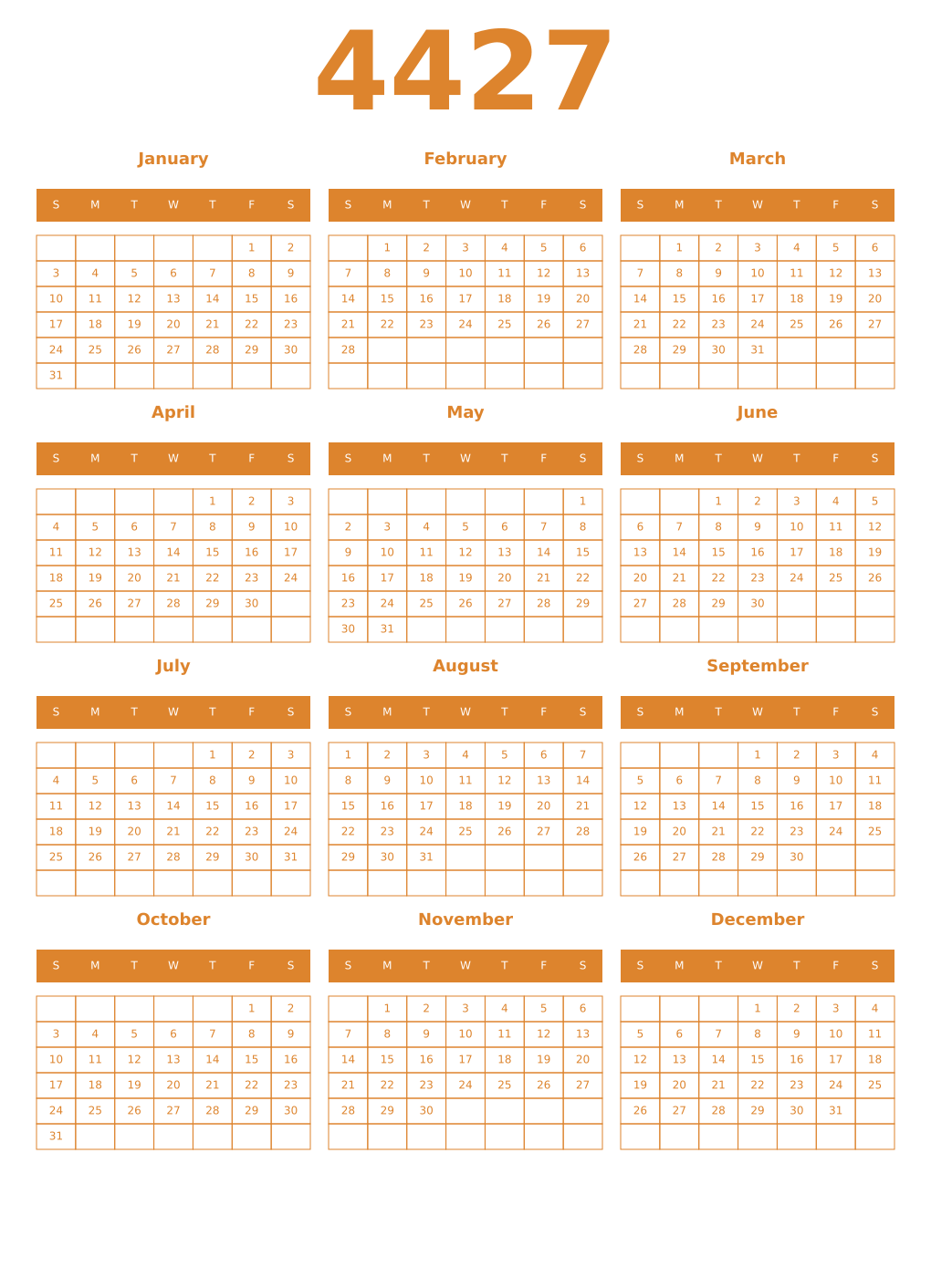 Printable 4427 Year Calendars orange