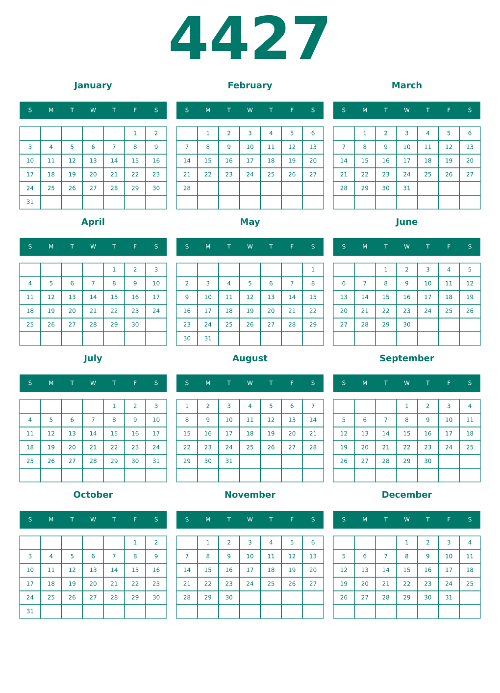 Printable 4427 Year Calendars pastel