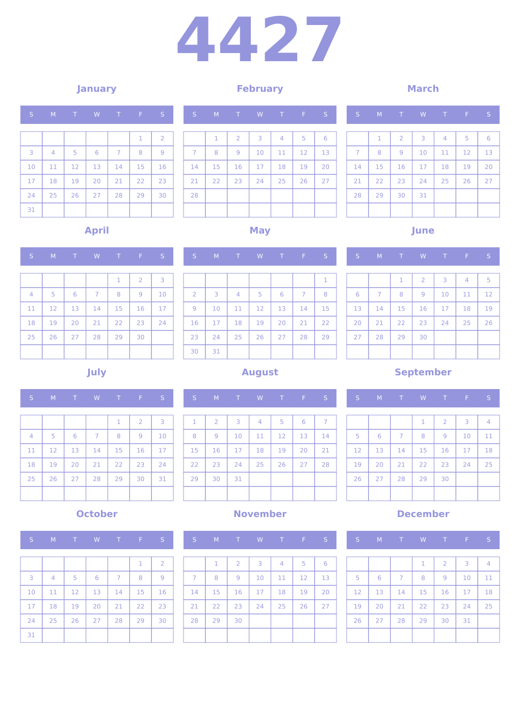 Printable 4427 Year Calendars periwinkle