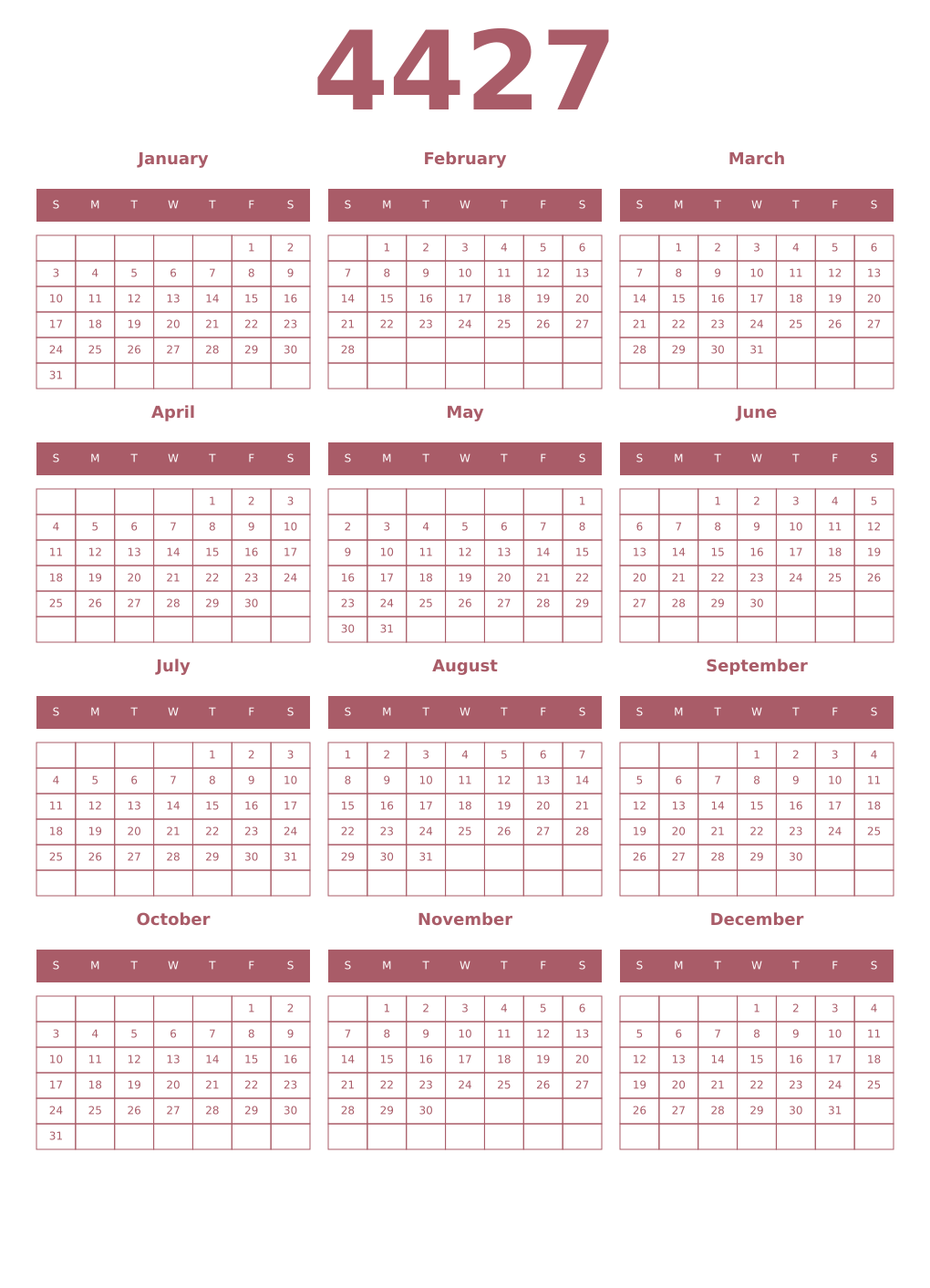 Printable 4427 Year Calendars puce