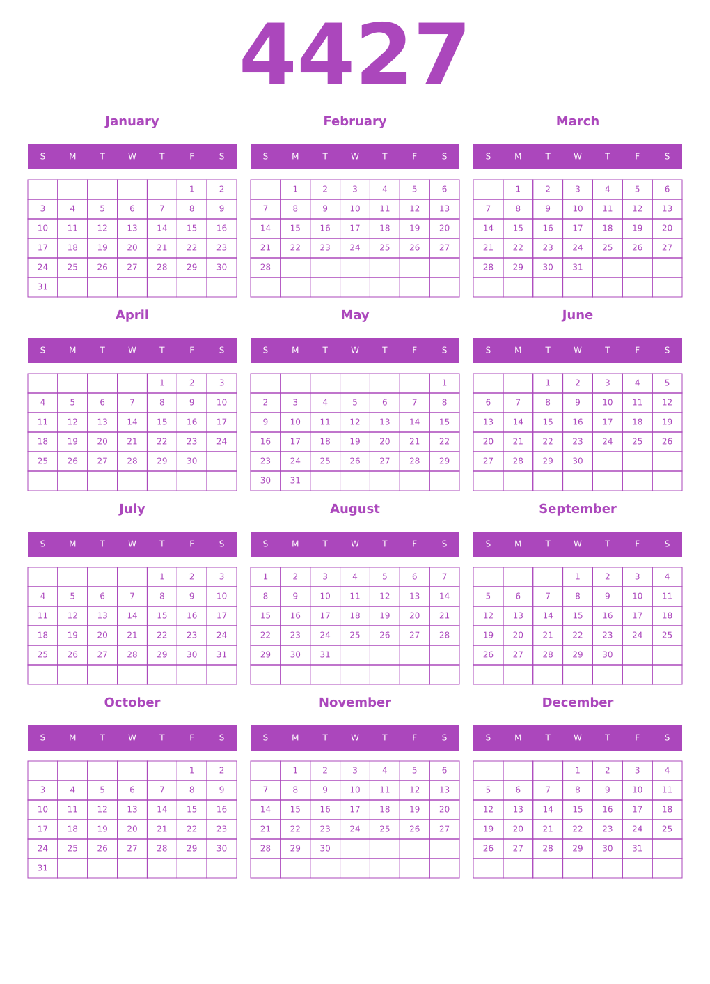 Printable 4427 Year Calendars purple