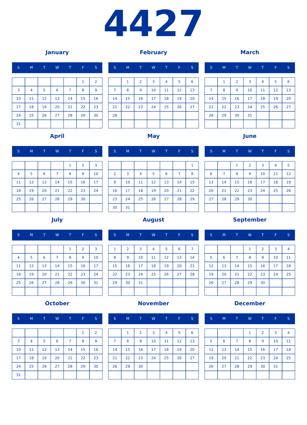 Printable 4427 Year Calendars smalt
