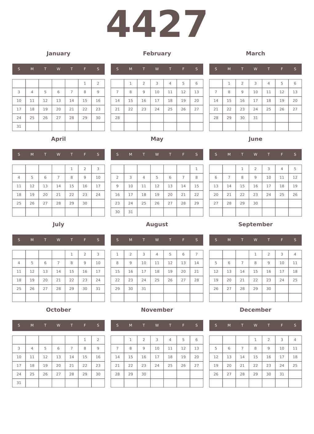 Printable 4427 Year Calendars wenge
