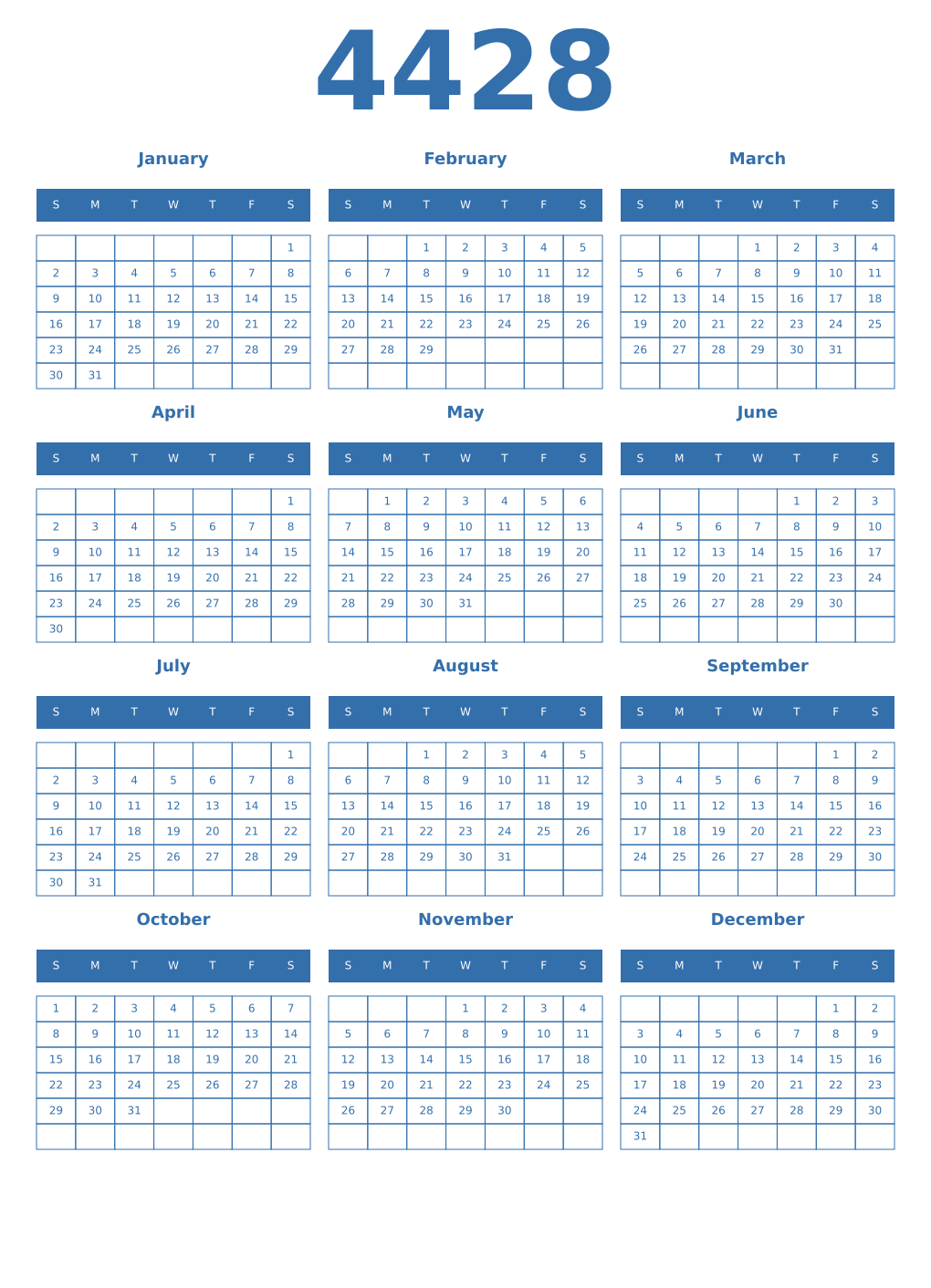 Printable 4428 Year Calendars blue