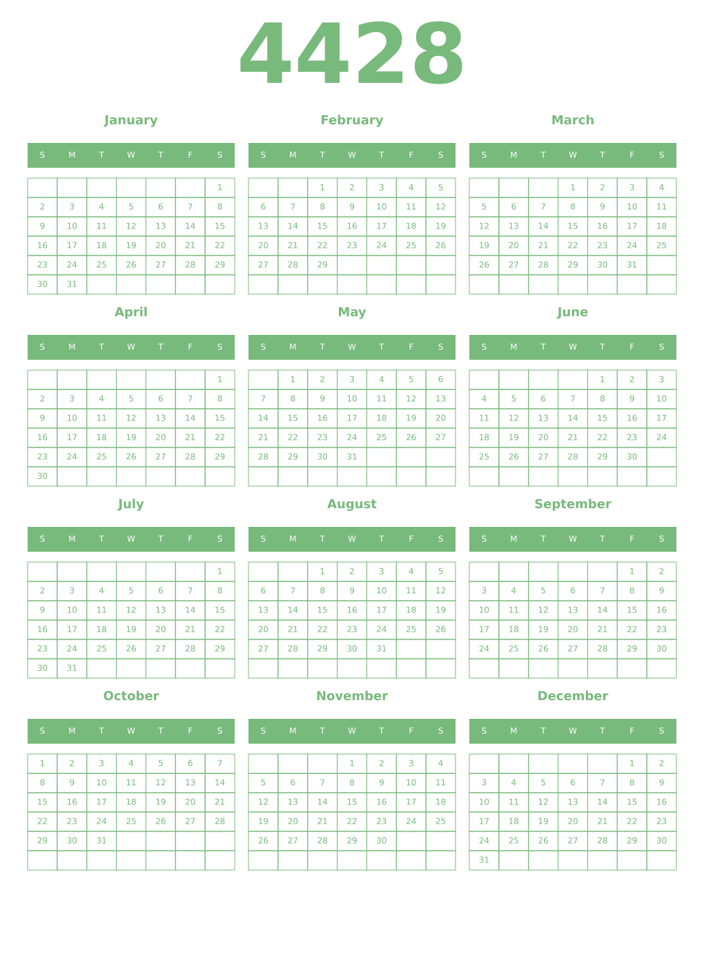 Printable 4428 Year Calendars celadon