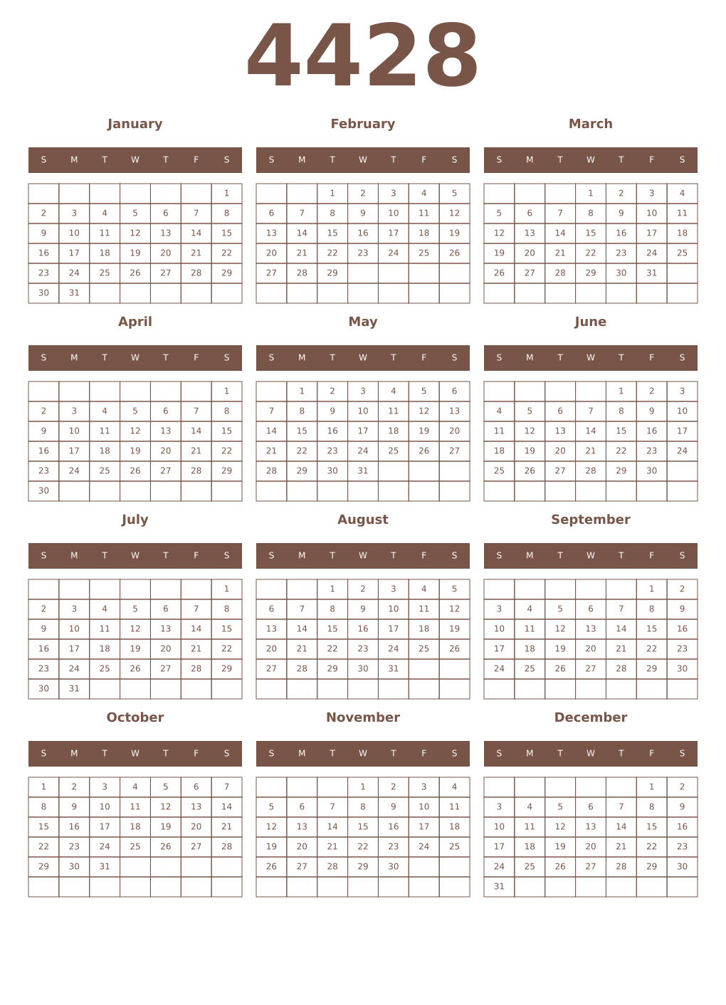 Printable 4428 Year Calendars coffe