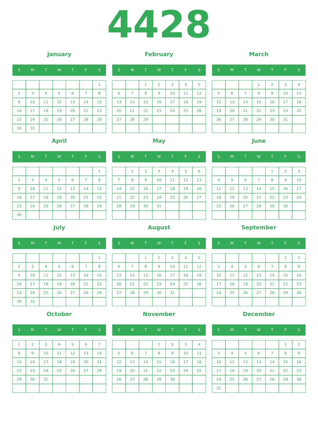 Printable 4428 Year Calendars green