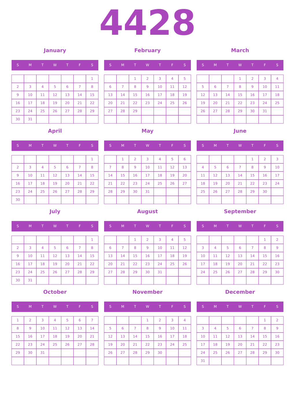 Printable 4428 Year Calendars purple