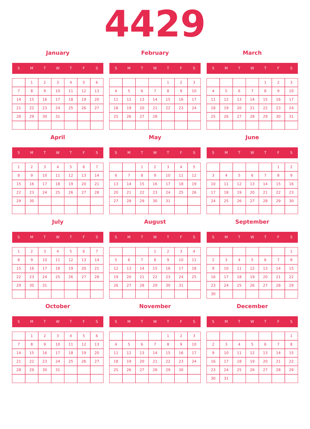 Printable 4429 Year Calendars amaranth
