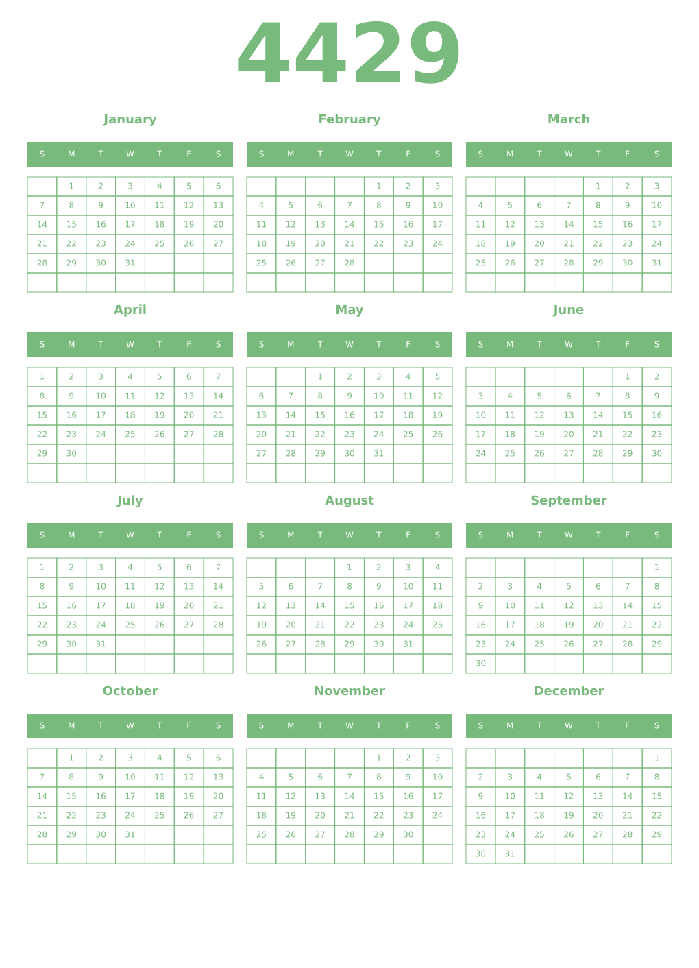 Printable 4429 Year Calendars celadon