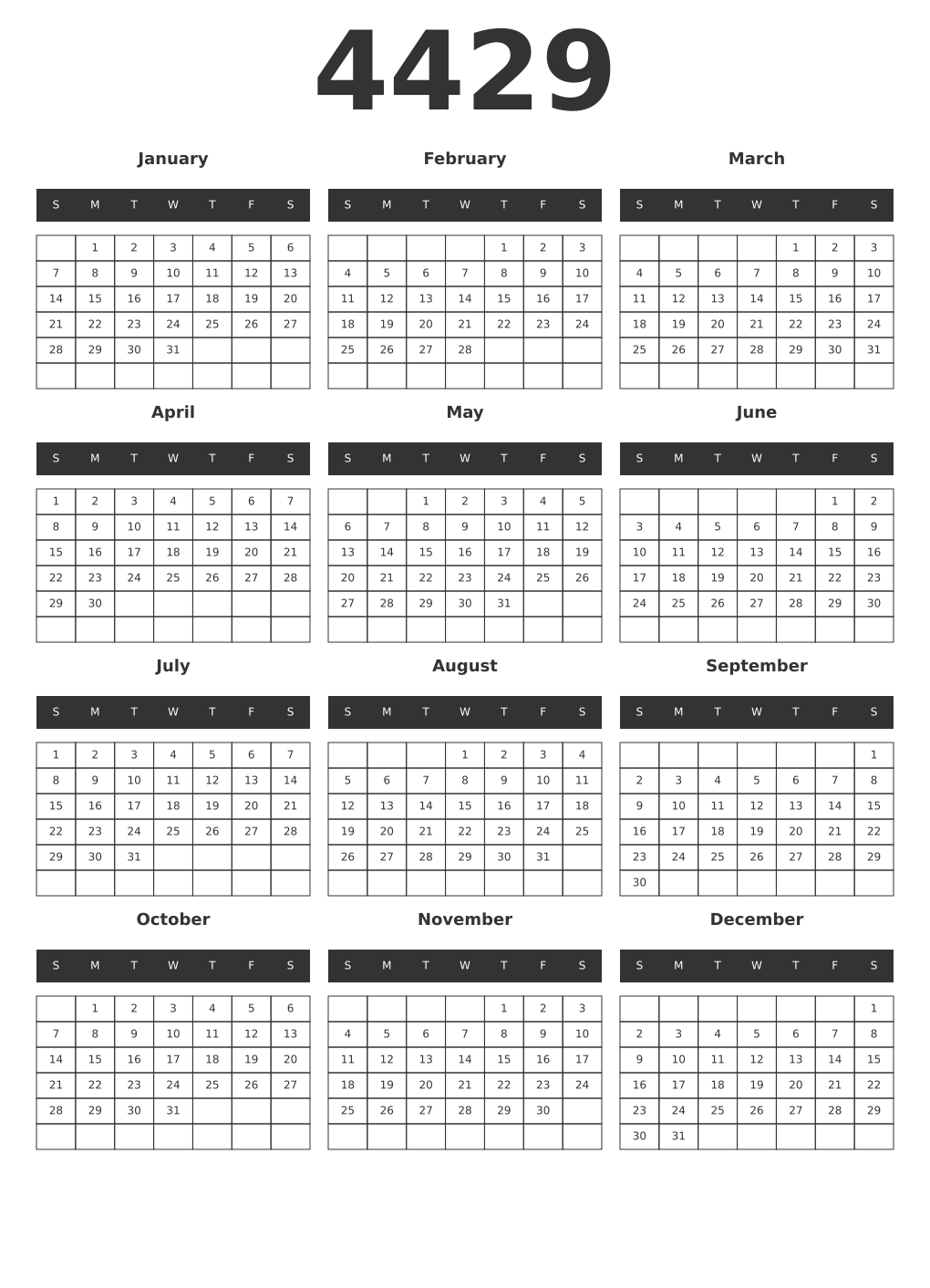 Printable 4429 Year Calendars dark