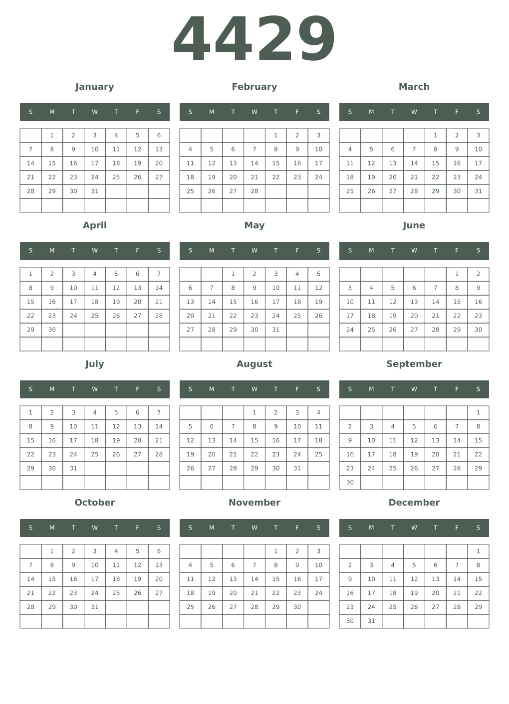 Printable 4429 Year Calendars feldgrau