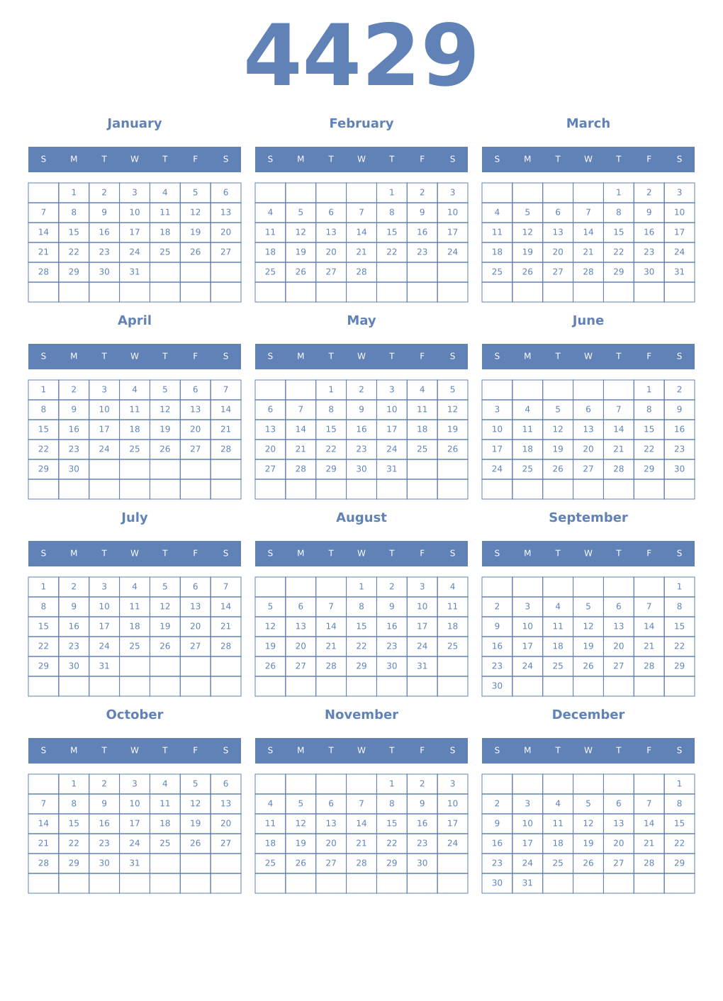 Printable 4429 Year Calendars glaucous