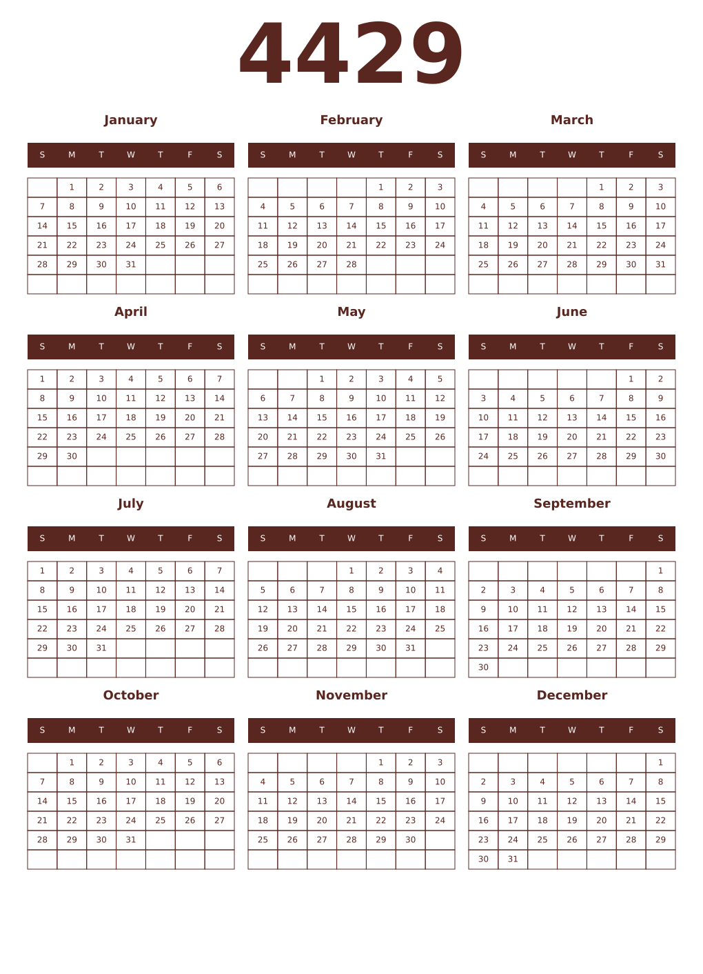 Printable 4429 Year Calendars mortuum