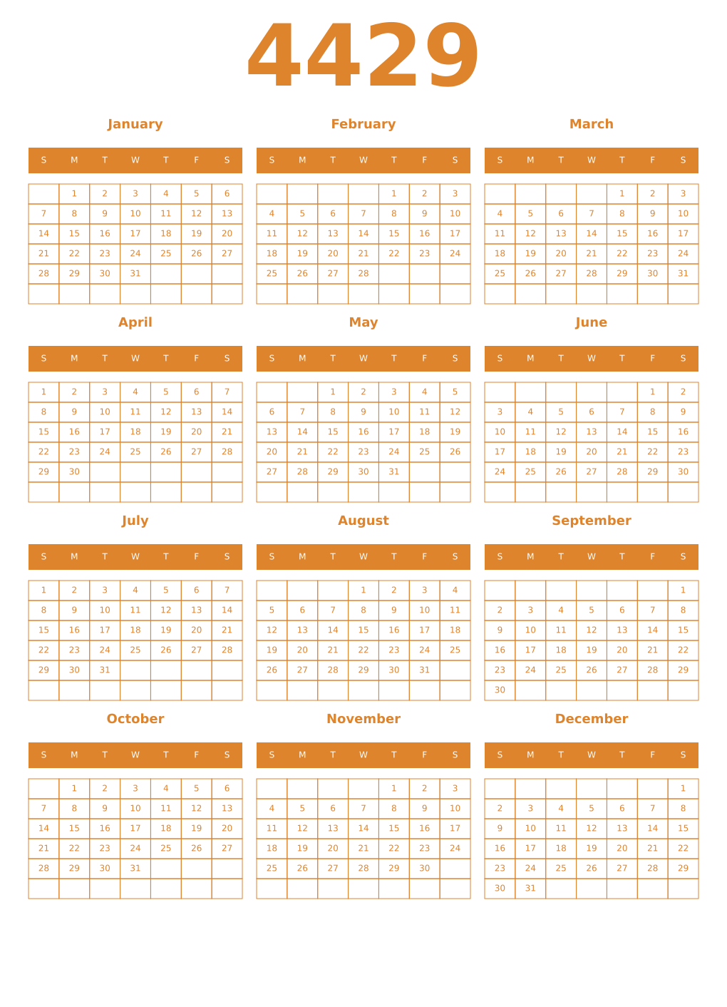 Printable 4429 Year Calendars orange