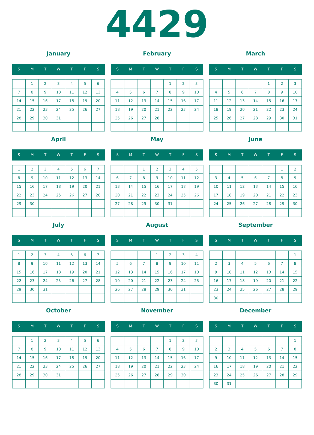 Printable 4429 Year Calendars pastel