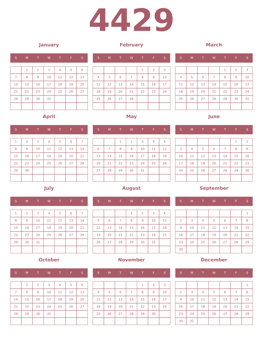 Printable 4429 Year Calendars puce