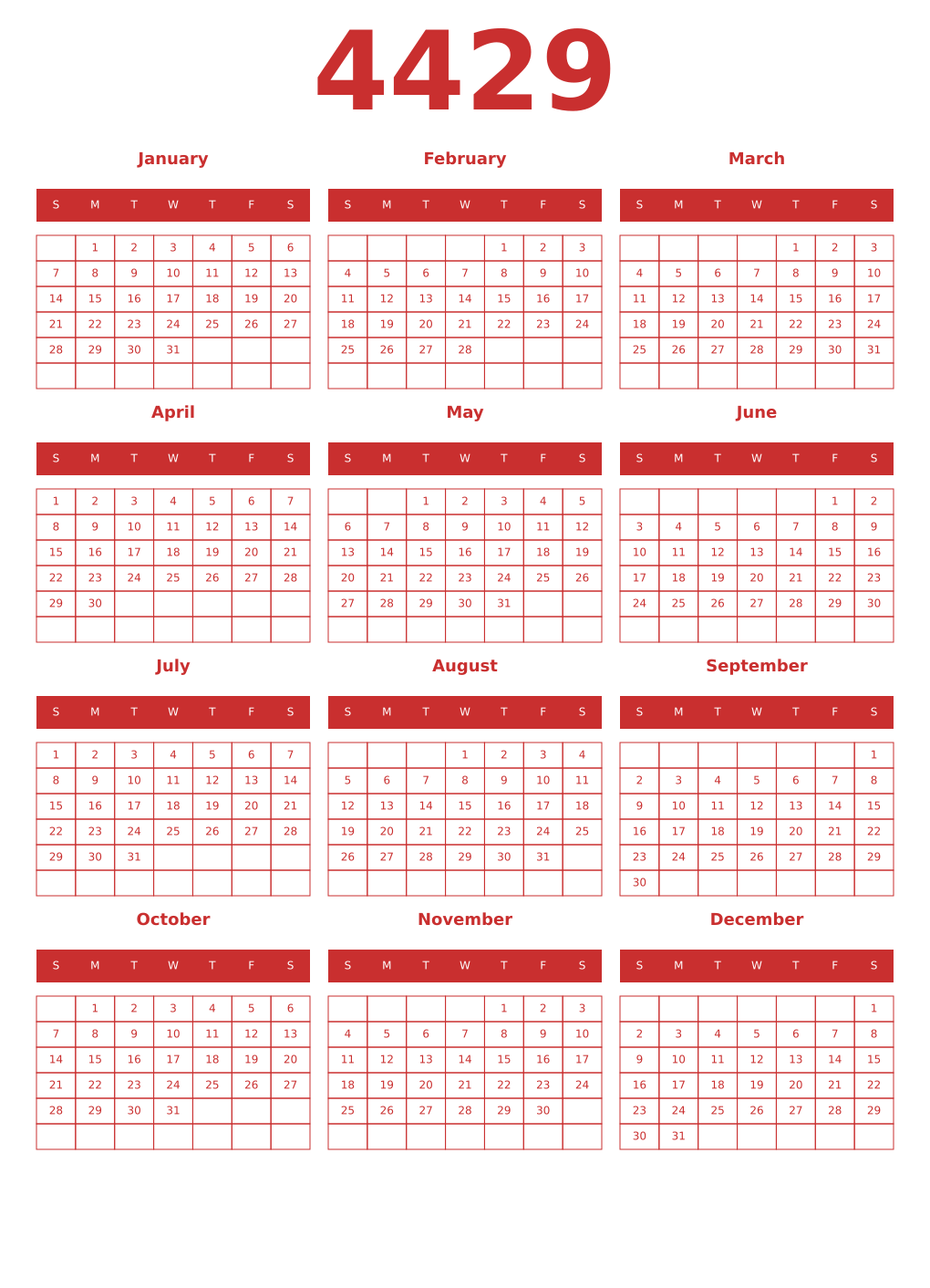 Printable 4429 Year Calendars red