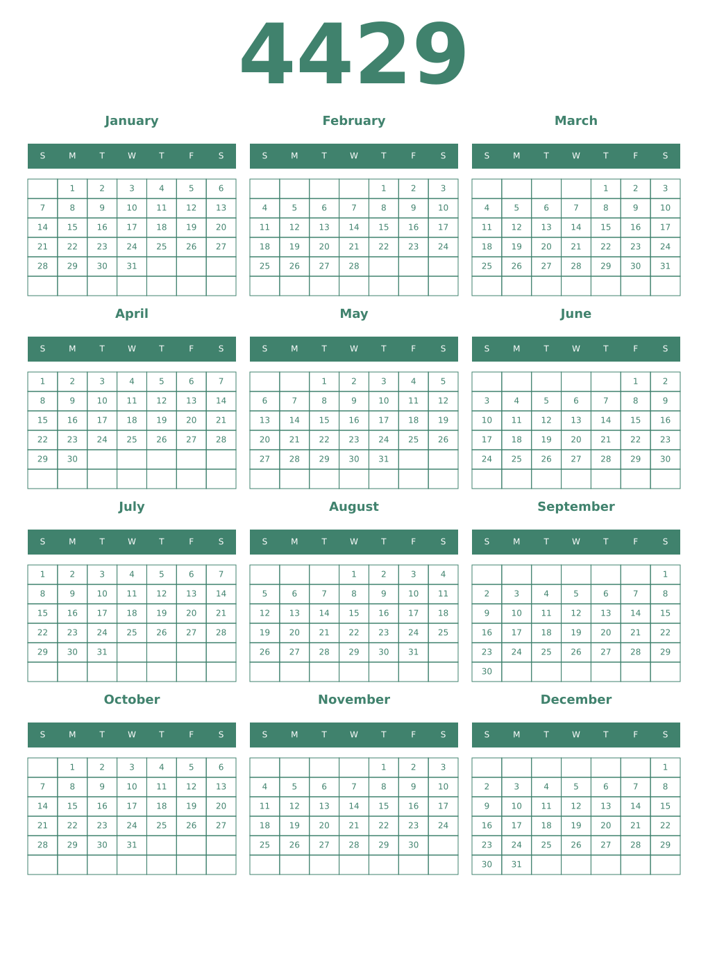 Printable 4429 Year Calendars viridian