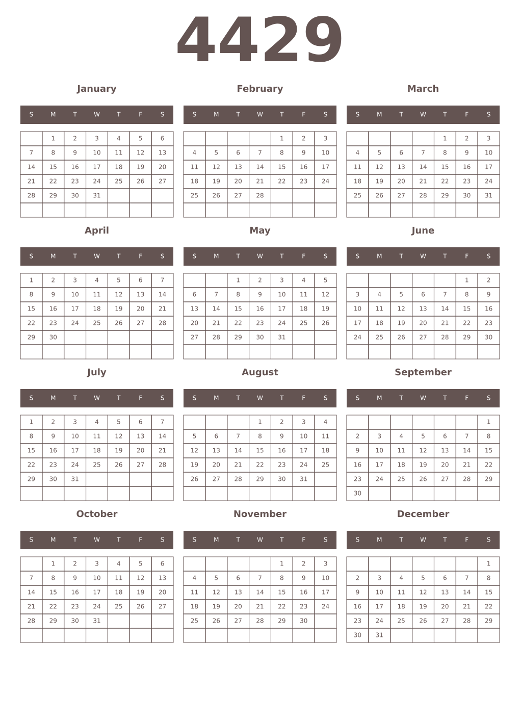 Printable 4429 Year Calendars wenge