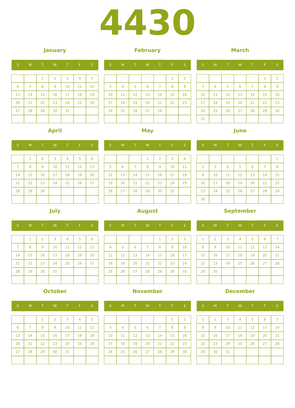 Printable 4430 Year Calendars chartreuse