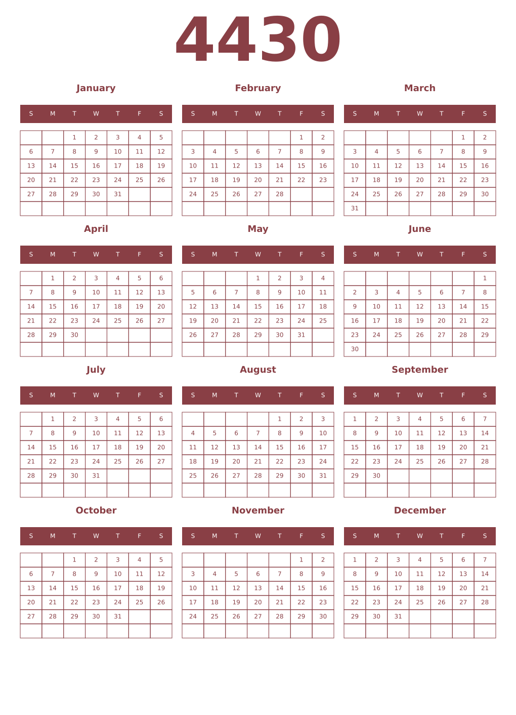 Printable 4430 Year Calendars cordovan