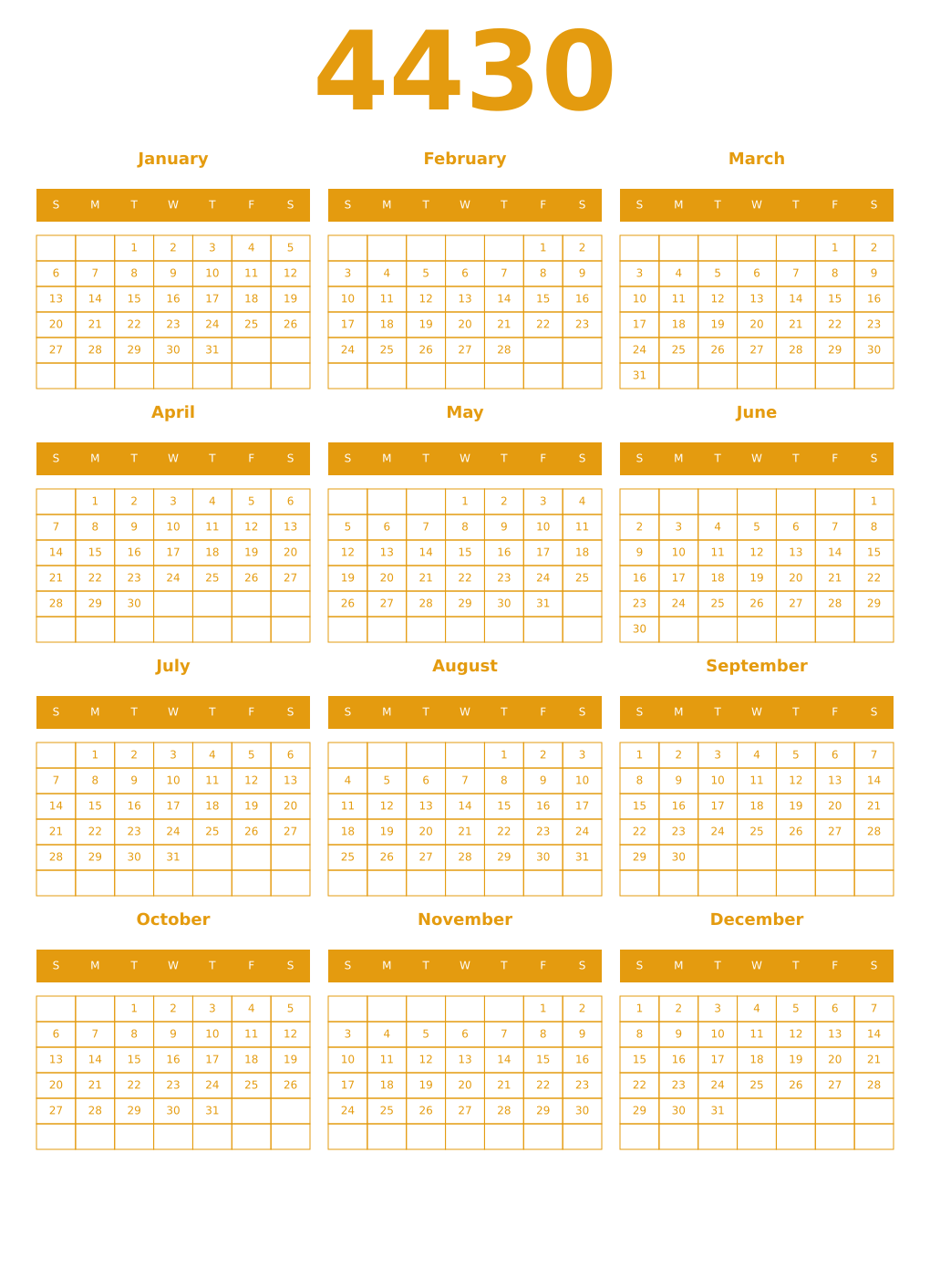 Printable 4430 Year Calendars gamboge