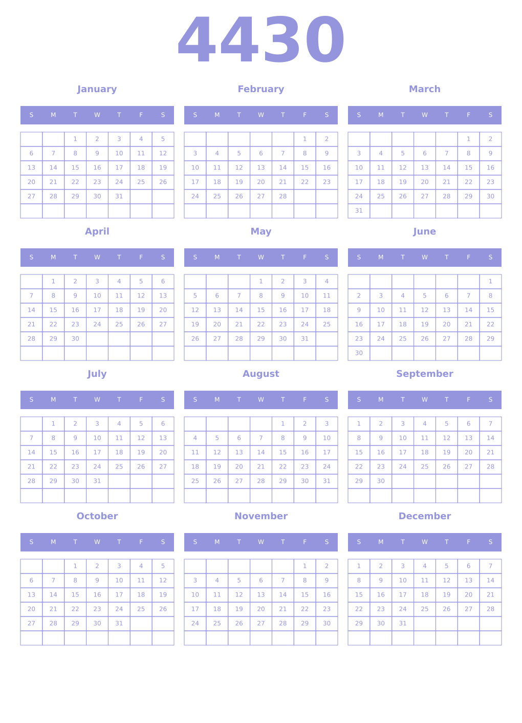 Printable 4430 Year Calendars periwinkle