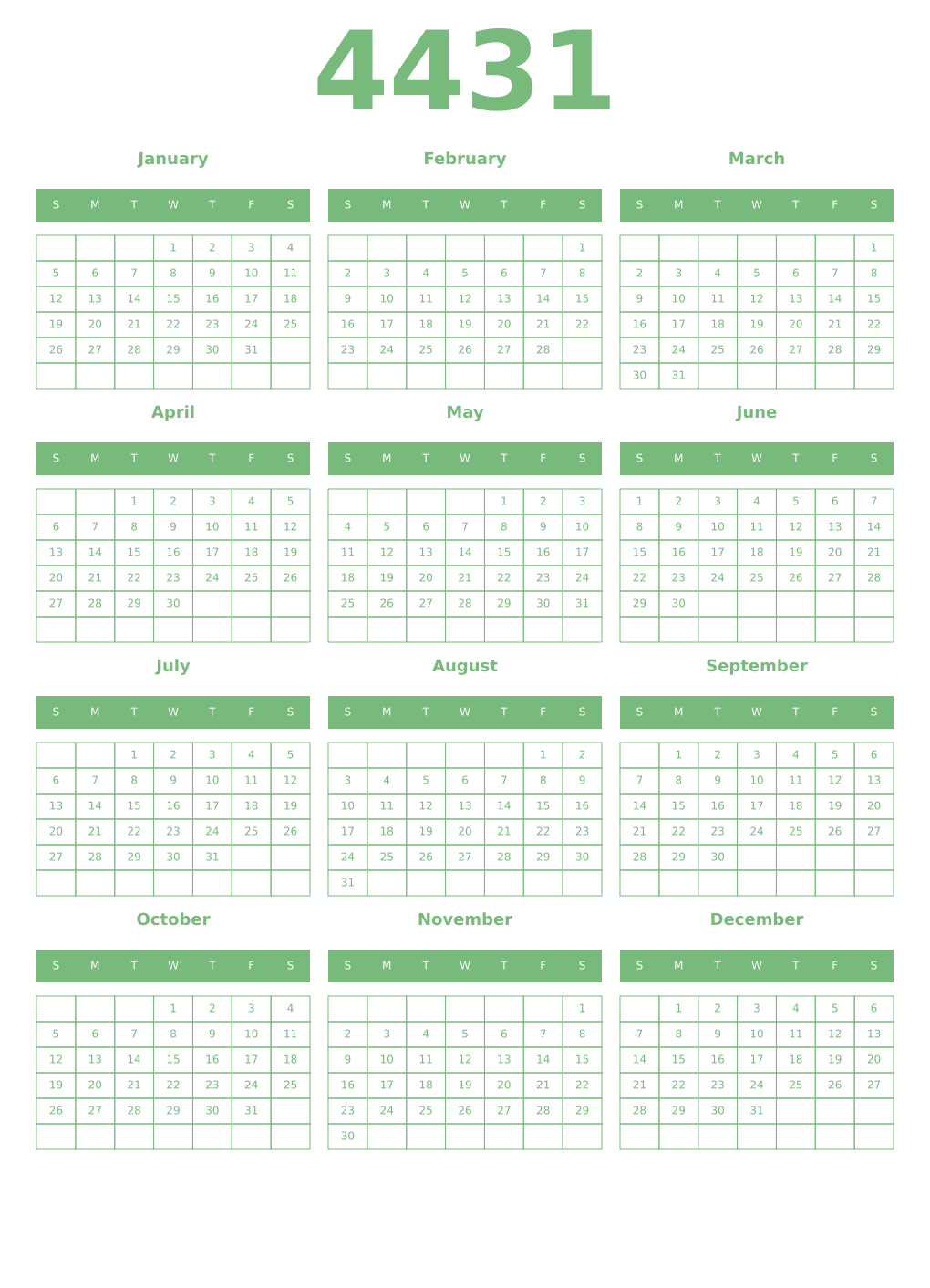 Printable 4431 Year Calendars celadon