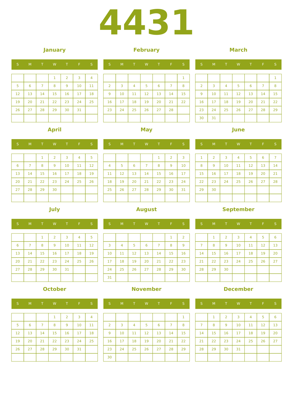 Printable 4431 Year Calendars chartreuse