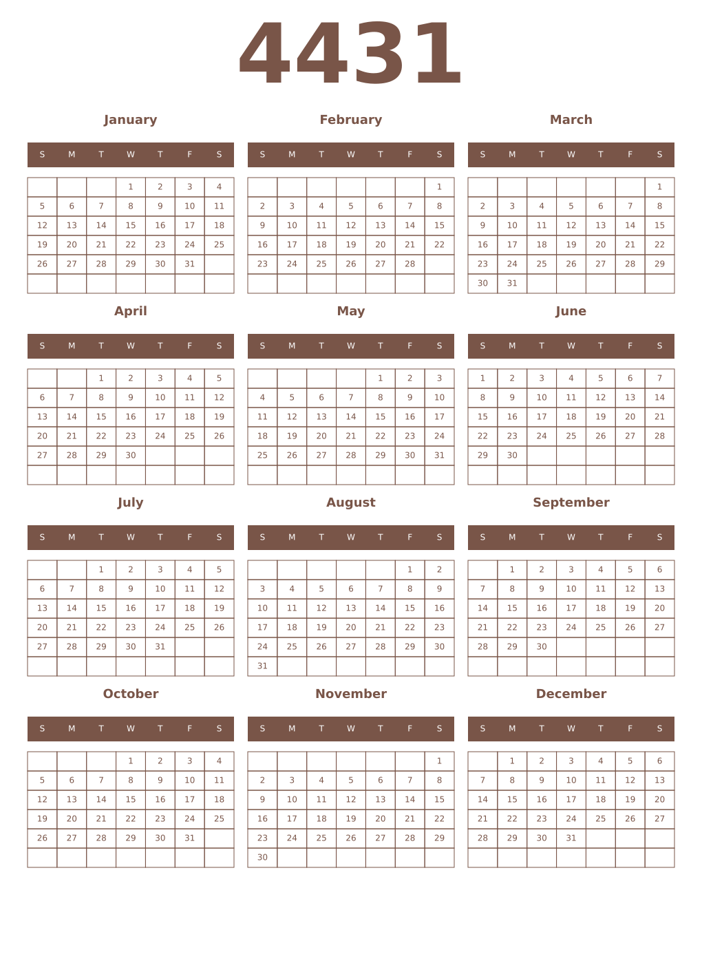 Printable 4431 Year Calendars coffe