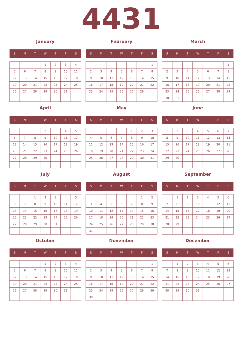 Printable 4431 Year Calendars cordovan