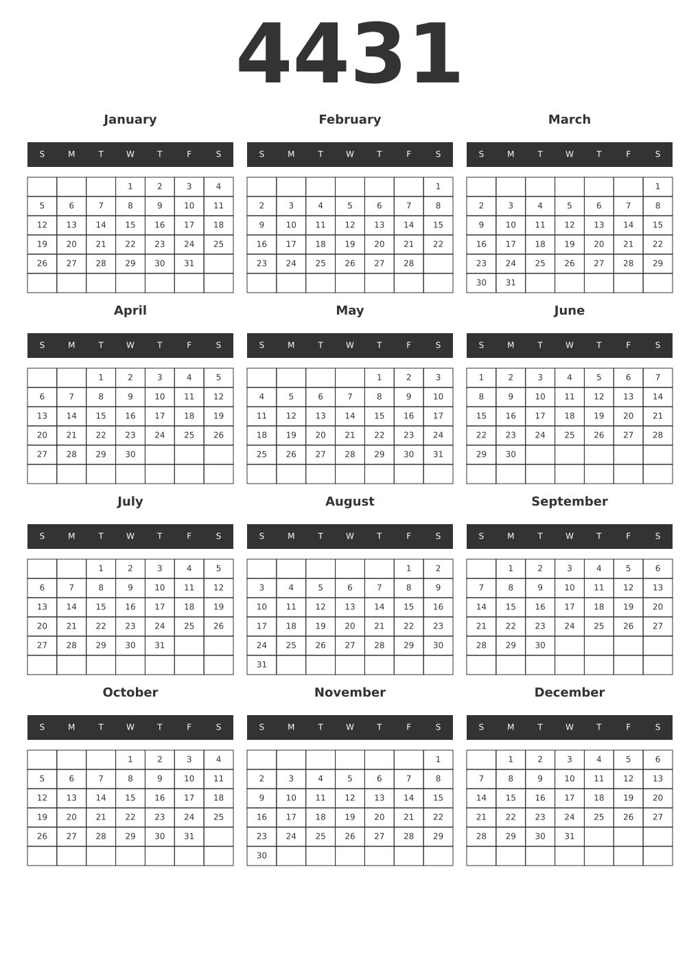 Printable 4431 Year Calendars dark